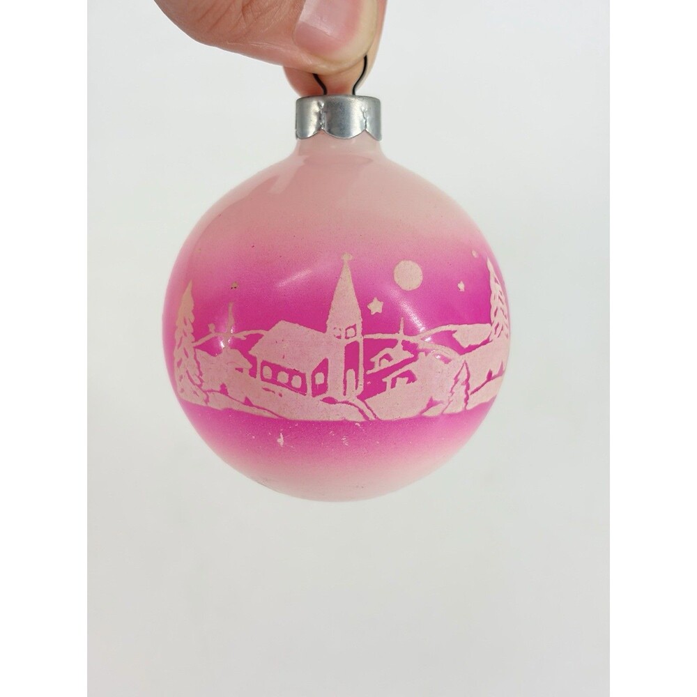 Vintage Shiny Brite Unsilvered Pink Ombre Church Glass Christmas Ornament